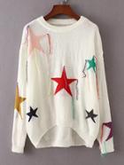 Romwe Star Pattern Fringe Trim High Low Sweater