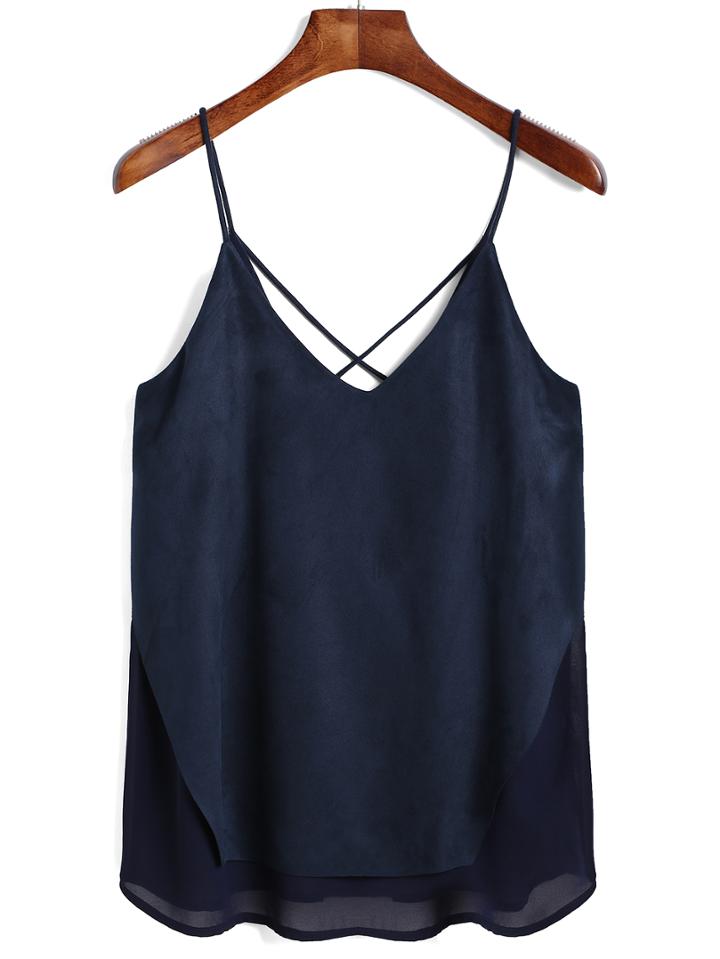 Romwe Crisscross Back Suede Insert Chiffon Cami Top
