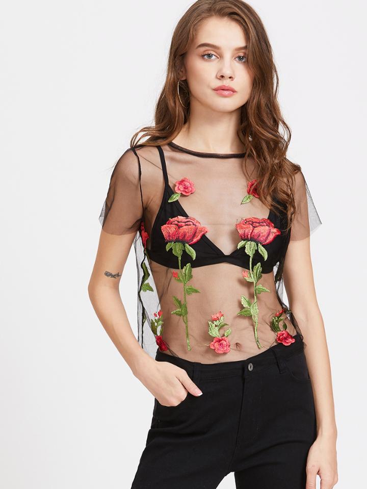Romwe Floral Embroidered Mesh Sheer Top