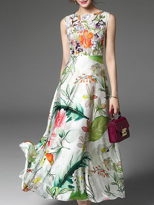 Romwe Multicolor Embroidered Floral Flare Maxi Dress