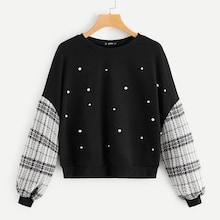 Romwe Pearl Embroidered Contrast Sleeve Pullover