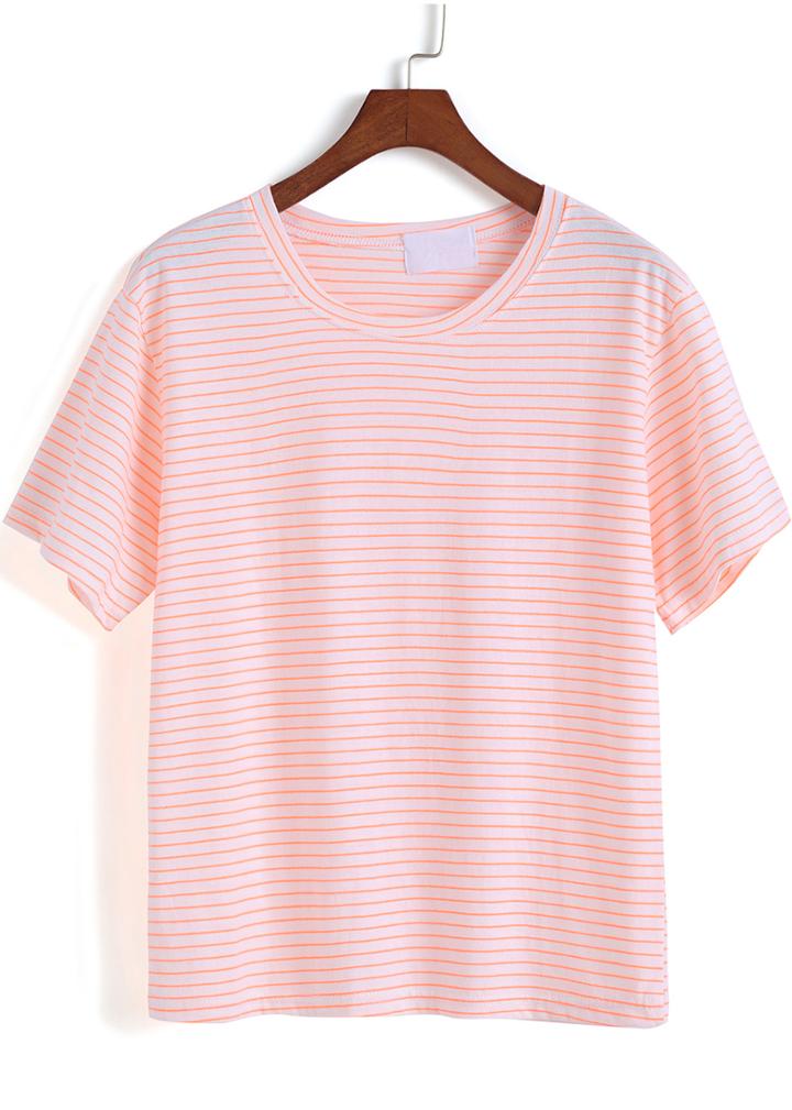 Romwe Orange White Short Sleeve Striped Loose T-shirt