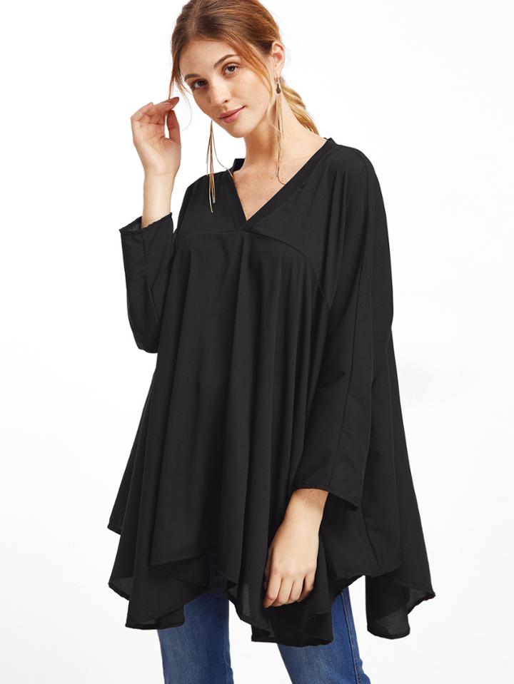Romwe Black V Neck Asymmetric Hem Blouse