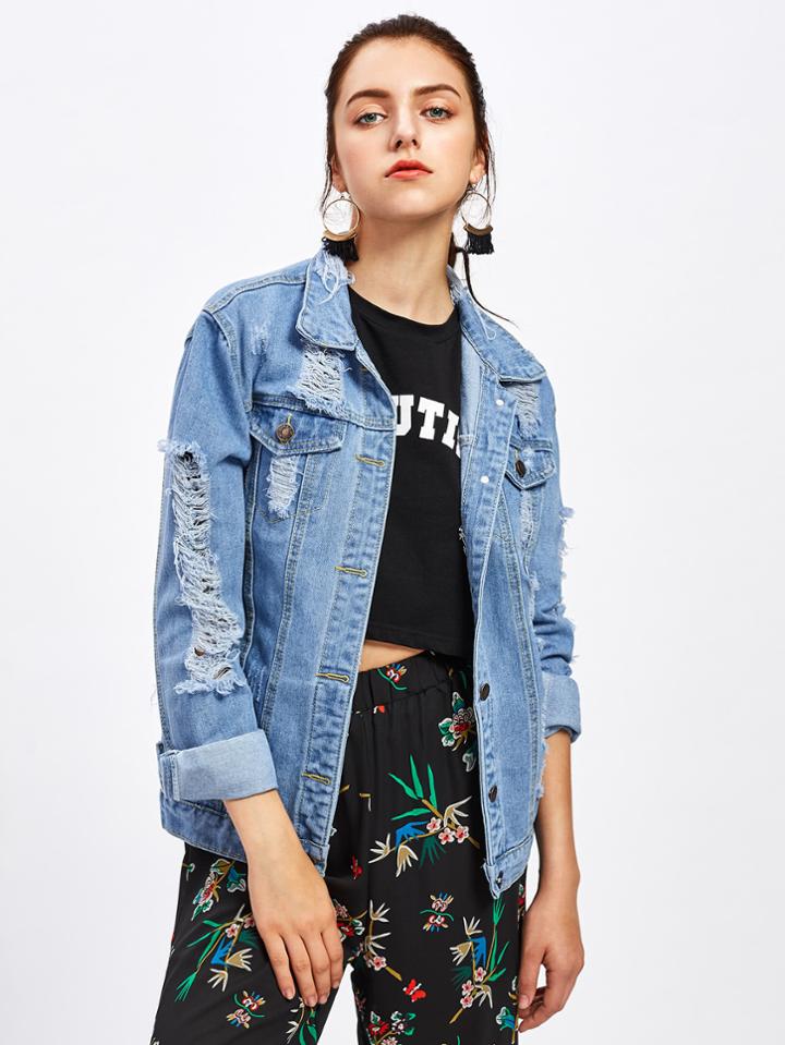 Romwe Ripped Denim Jacket
