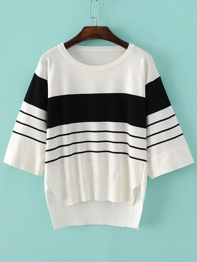 Romwe White Striped Split Side High Low Knitwear
