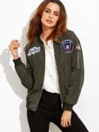 Romwe Army Green Embroidered Patch Zipper Bomber Jacket