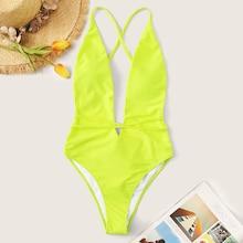 Romwe Neon Yellow U-plunge Criss Cross One Piece Swimsuit