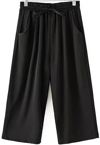 Romwe Drawstring Straight Chiffon Black Pant