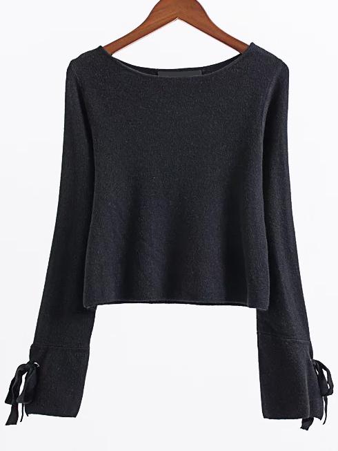 Romwe Black Eyelet Lace Up Sleeve Knitwear