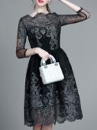 Romwe Black Sheer Gauze Embroidered A-line Scallop Dress
