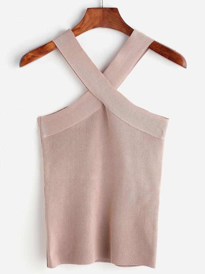 Romwe Khaki Twist Neck Tank Top