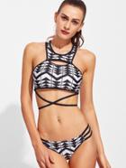 Romwe Black And White Geometric Print Strappy Bikini Set