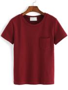 Romwe Crew Neck Pocket Burgundy T-shirt