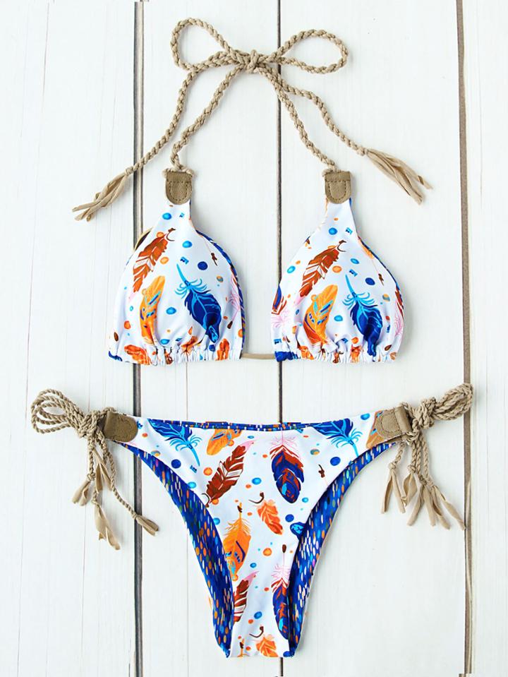 Romwe Feather Print Side Tie Triangle Bikini Set