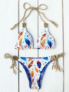 Romwe Feather Print Side Tie Triangle Bikini Set