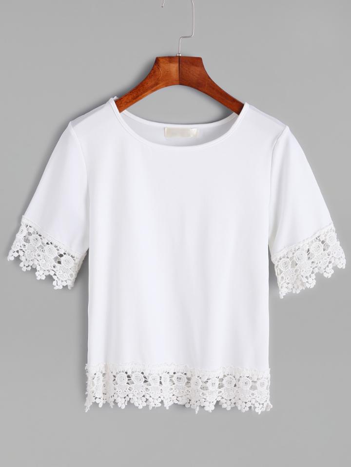 Romwe White Round Neck Lace Trim T-shirt