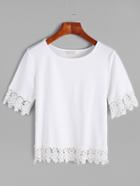 Romwe White Round Neck Lace Trim T-shirt