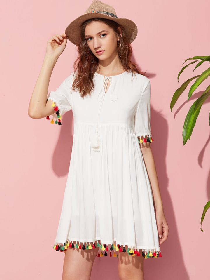 Romwe Keyhole Tie Neck Colorful Tassel Trim Smock Dress