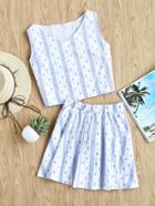 Romwe V Neckline Geo Printed Top And Skirt Set