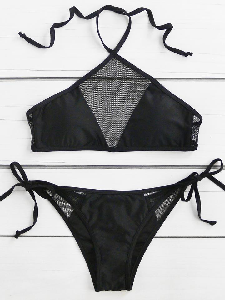 Romwe Net Detail Side Tie Bikini Set