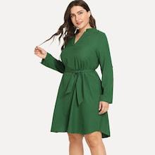 Romwe Plus Solid Self-tie V-neck Dress