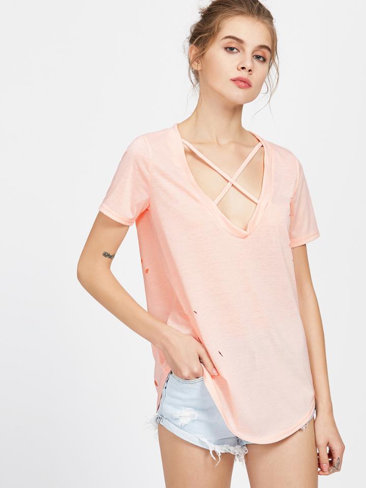 Romwe Pink Crisscross V Neck Curved Distressed T-shirt
