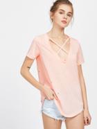 Romwe Pink Crisscross V Neck Curved Distressed T-shirt