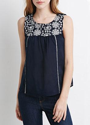 Romwe Embroidered Navy Tank Top