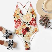 Romwe Low Back Criss Cross Random Floral Swimsuit
