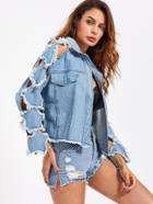 Romwe Drop Shoulder Distressed Denim Jacket