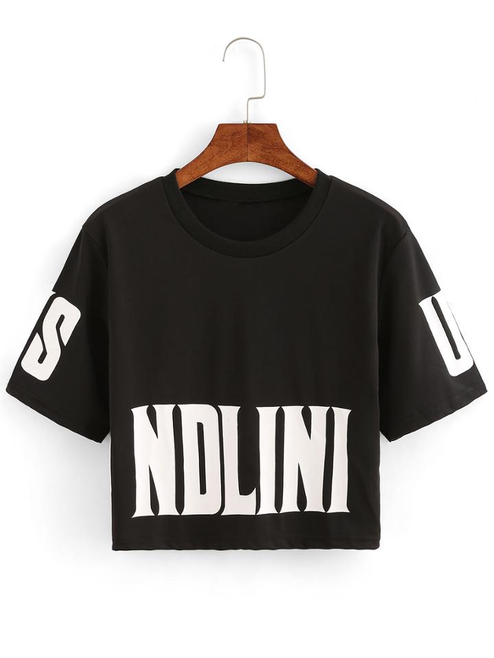 Romwe Letter Print Crop T-shirt - Black