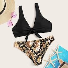 Romwe Tie Front Top With Snake Print Bikini Set