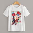 Romwe Figure & Floral Print Bow Detail Tee