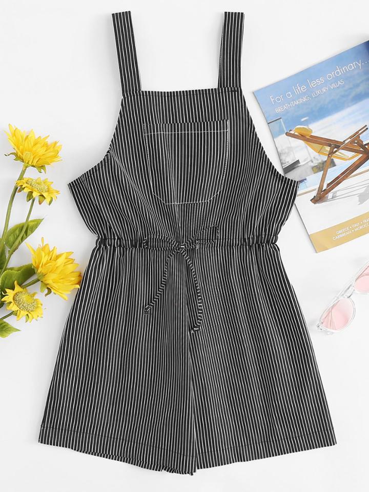 Romwe Vertical Stripe Drawstring Waist Pocket Romper
