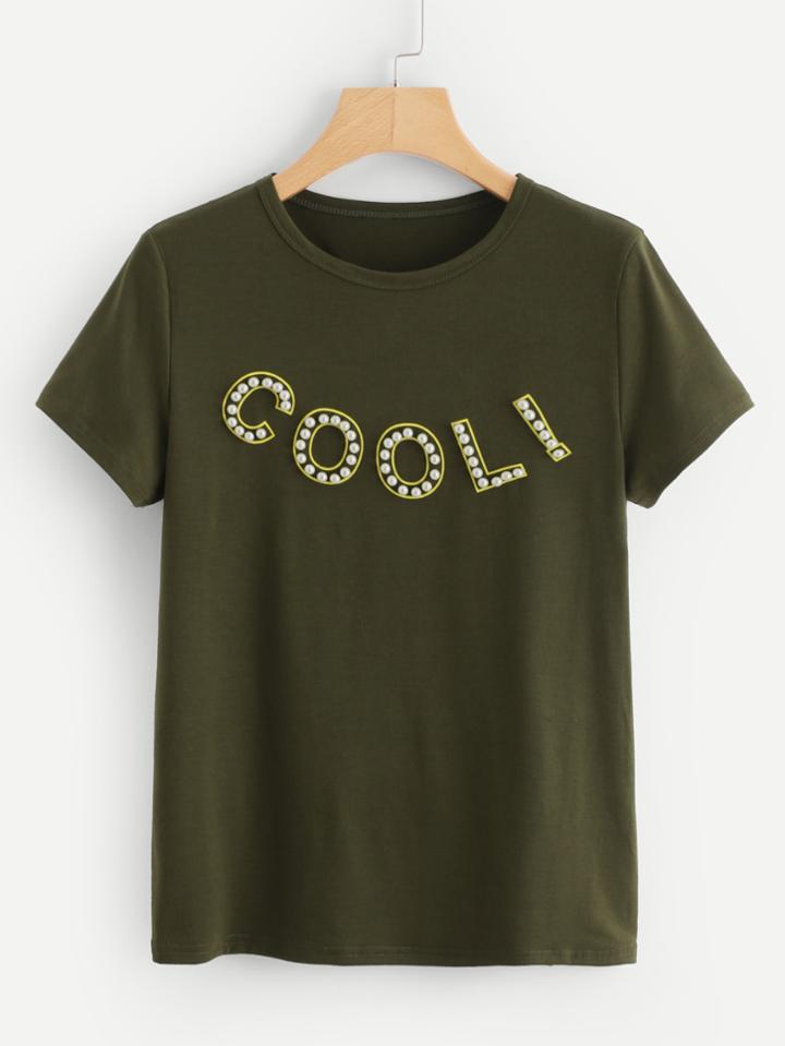 Romwe Pearl Beaded Letter T-shirt