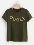 Romwe Pearl Beaded Letter T-shirt