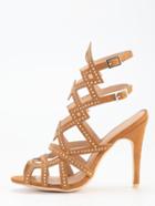 Romwe Faux Suede Caged Studded Sandals - Camel