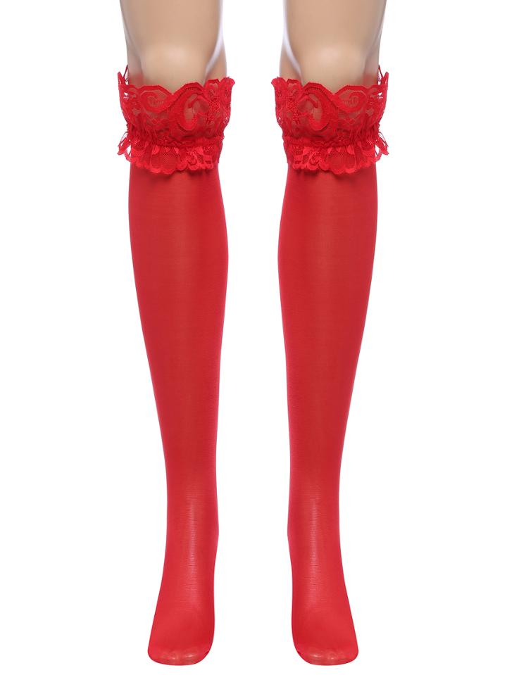 Romwe Red Lace Top Thigh High Stockings Nightclubs Pantyhose