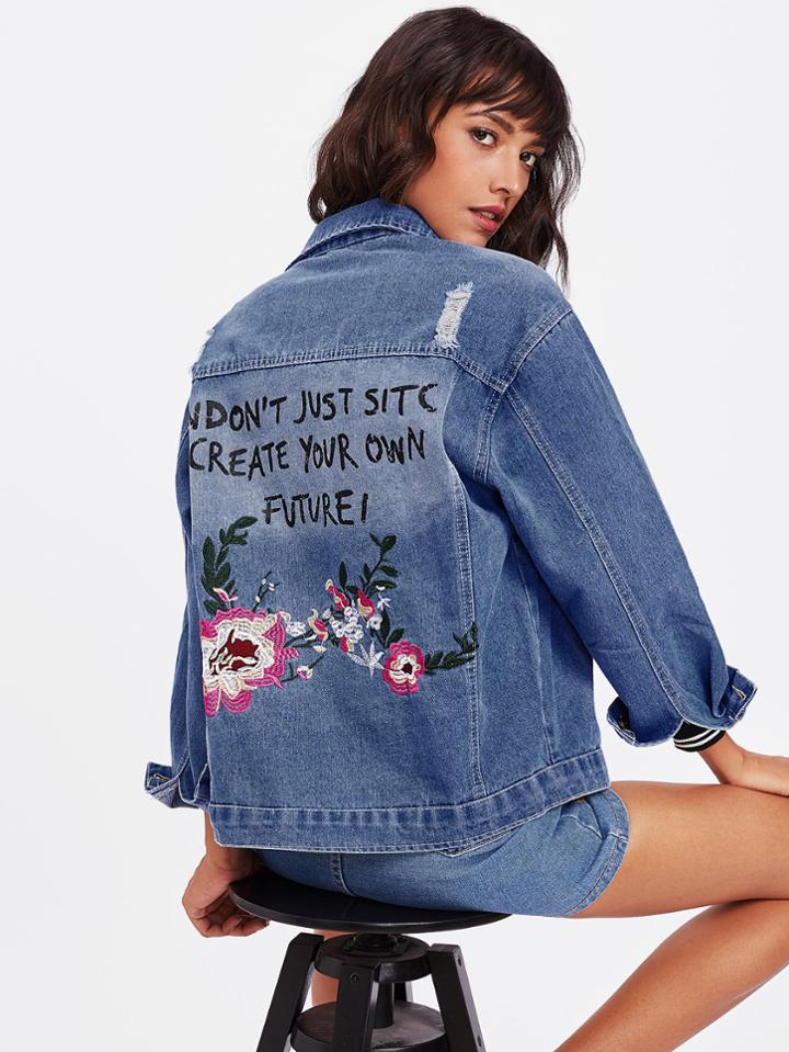 Romwe Bleach Wash Embroidered Back Denim Jacket