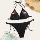 Romwe Flamingo Embroidered Halter Top With Tie Side Bikini