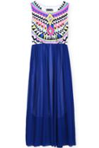 Romwe Blue Sleeveless Geometric Tribal Print Chiffon Dress