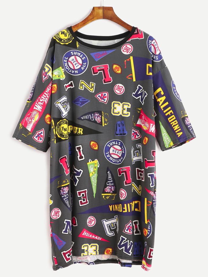 Romwe Grey Varsity Patch Print Tee Dress