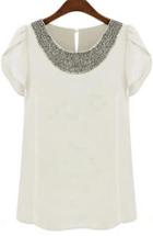 Romwe White Round Neck With Bead Chiffon Blouse