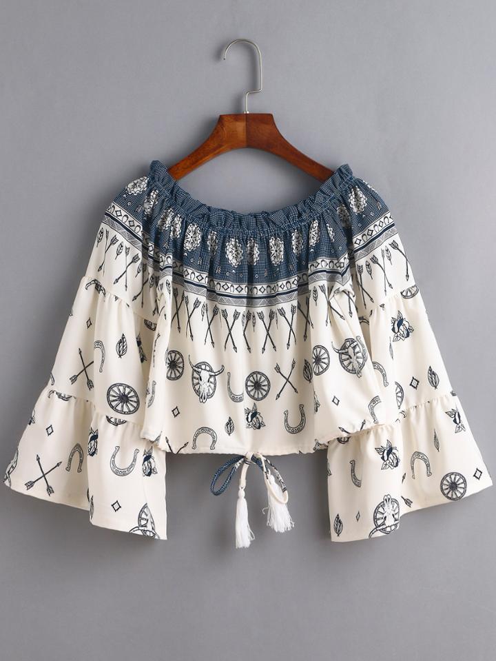 Romwe White Printed Fringe Tie Crop Top