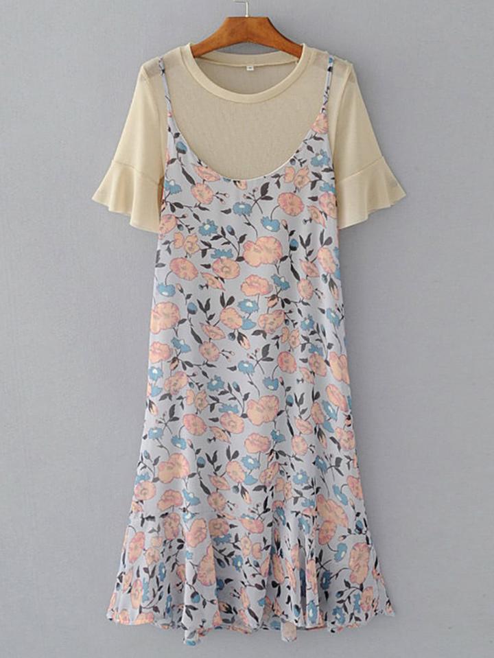 Romwe Floral Print Ruffle Hem 2 In 1 Dress