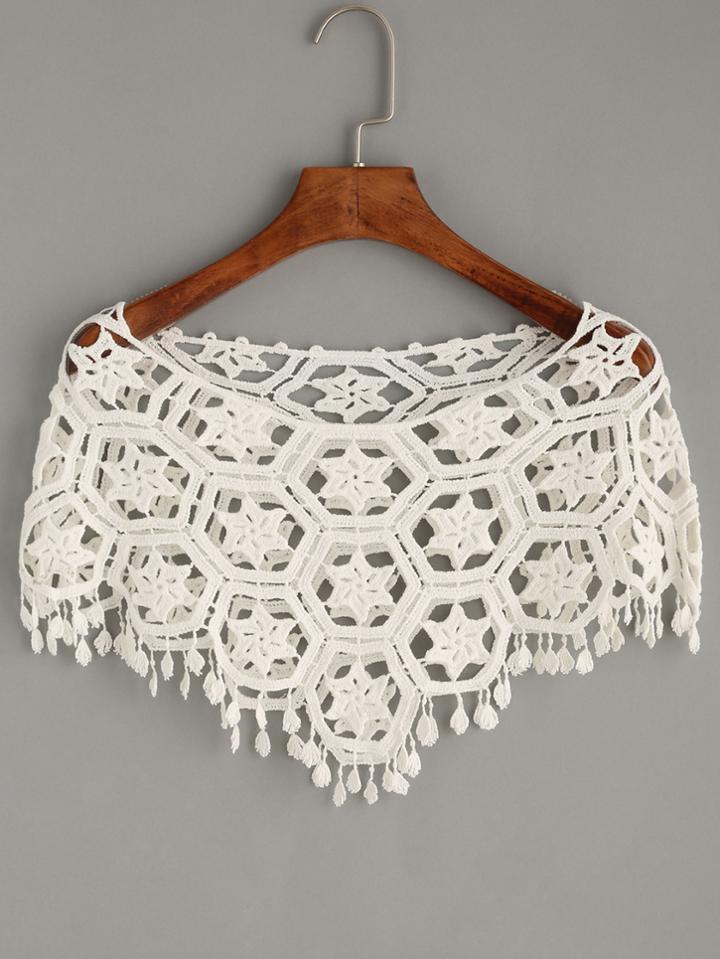 Romwe White Hollow Out Crop Crochet Poncho