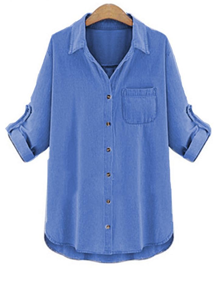 Romwe Pocket Front Rolled Sleeve Blouse
