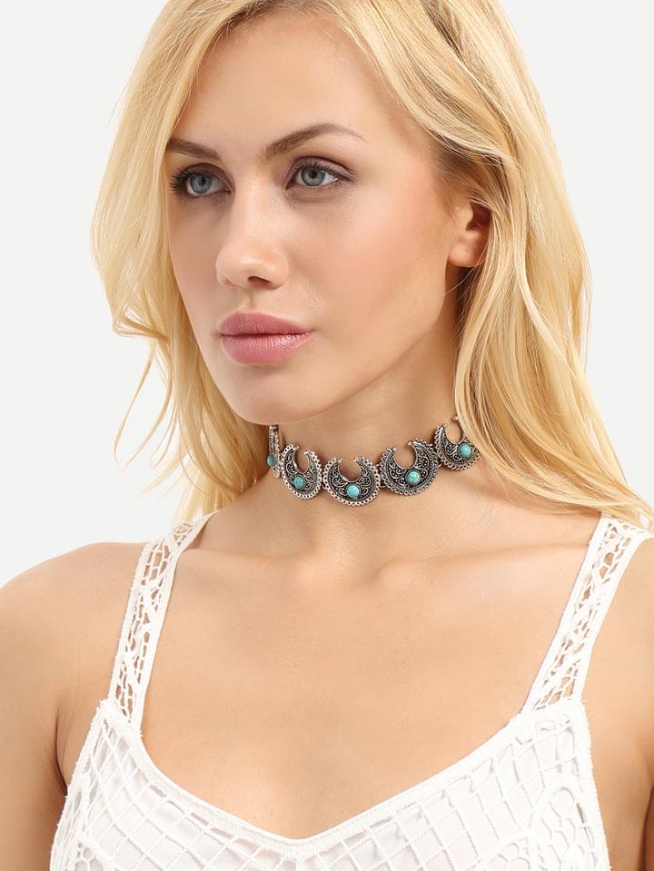 Romwe Antique Silver Turquoise Horn Shaped Choker Necklace