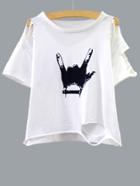 Romwe White Gesture Print Distressed T-shirt