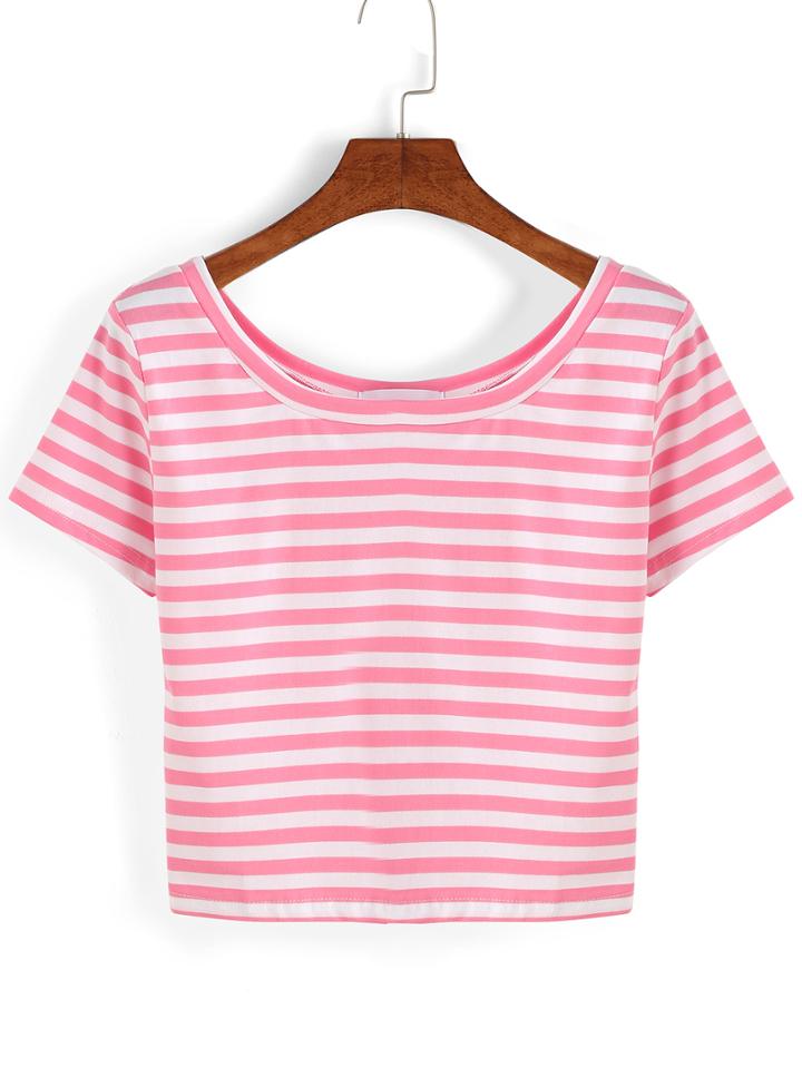 Romwe Thick Striped Crop T-shirt - Pink